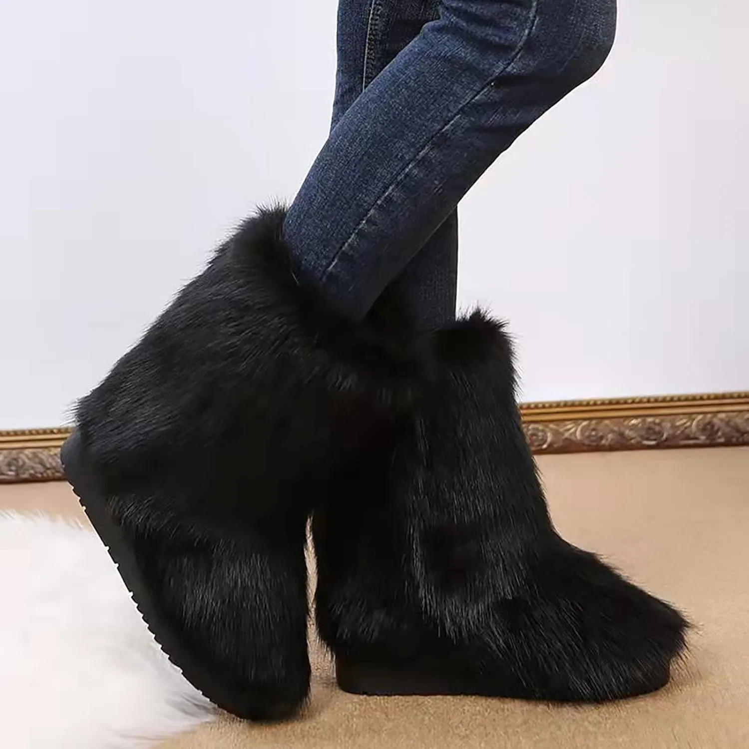 Bcshiye Fur Winter Boots for Women,Gradient Winter Mid-Calf Snow Boots Fuzzy Fluffy Furry Fashion Short Snow Boots