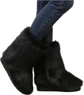 Bcshiye Fur Winter Boots for Women,Gradient Winter Mid-Calf Snow Boots Fuzzy Fluffy Furry Fashion Short Snow Boots