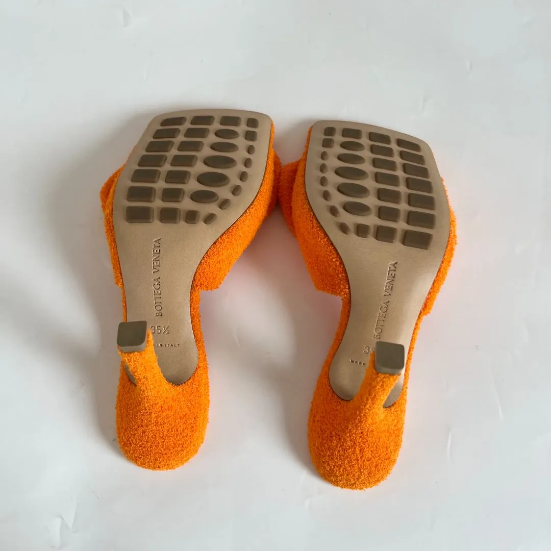 Bottega Veneta orange Terry cloth bow square toe stretch mules, 35.5