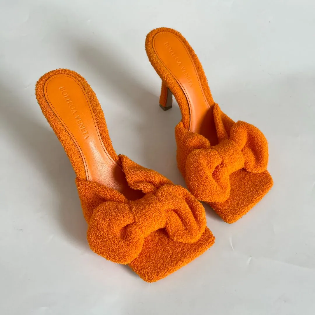 Bottega Veneta orange Terry cloth bow square toe stretch mules, 35.5