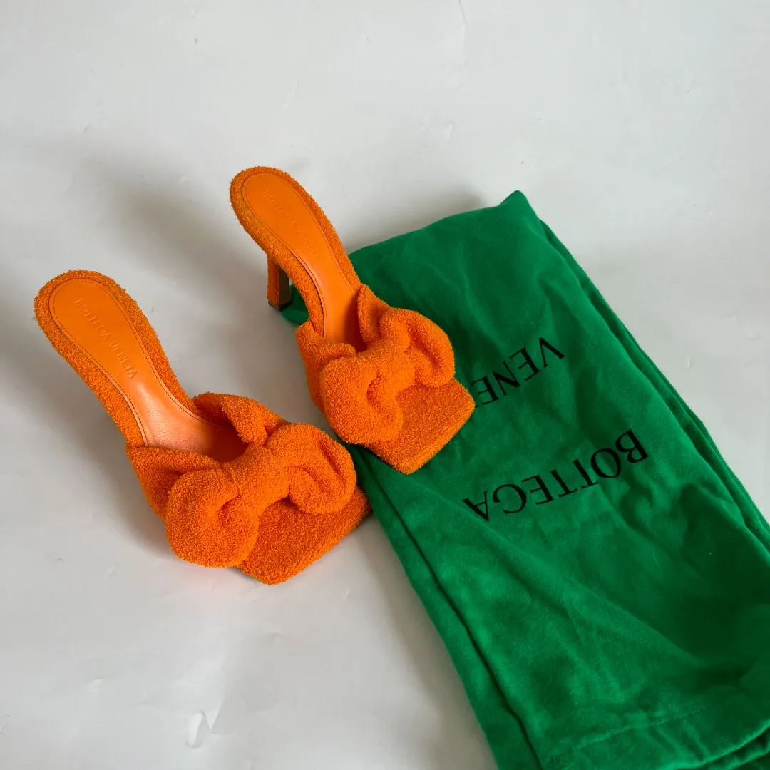 Bottega Veneta orange Terry cloth bow square toe stretch mules, 35.5