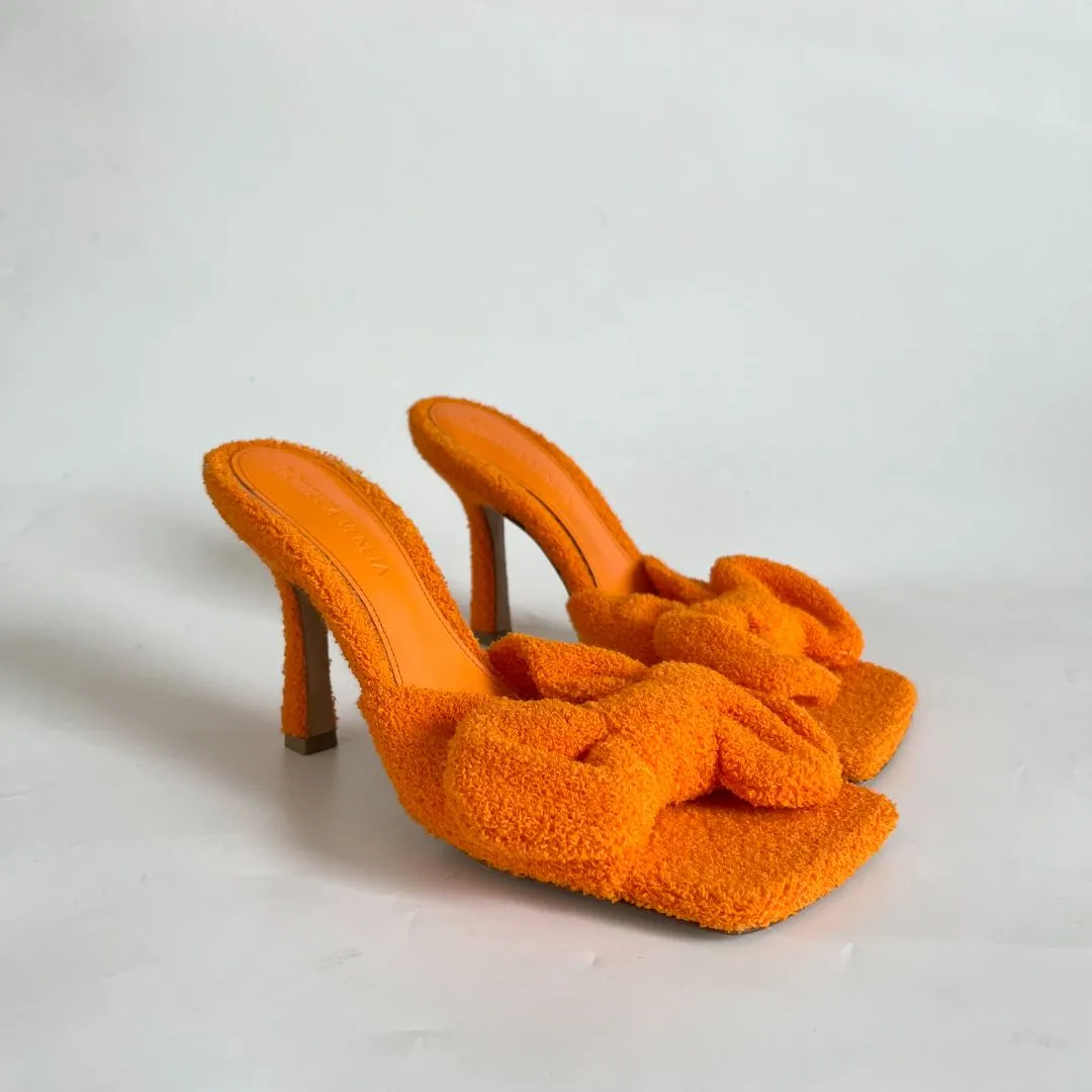 Bottega Veneta orange Terry cloth bow square toe stretch mules, 35.5