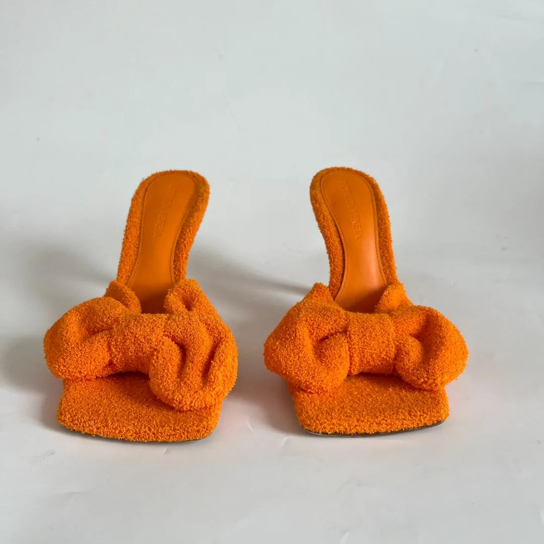 Bottega Veneta orange Terry cloth bow square toe stretch mules, 35.5