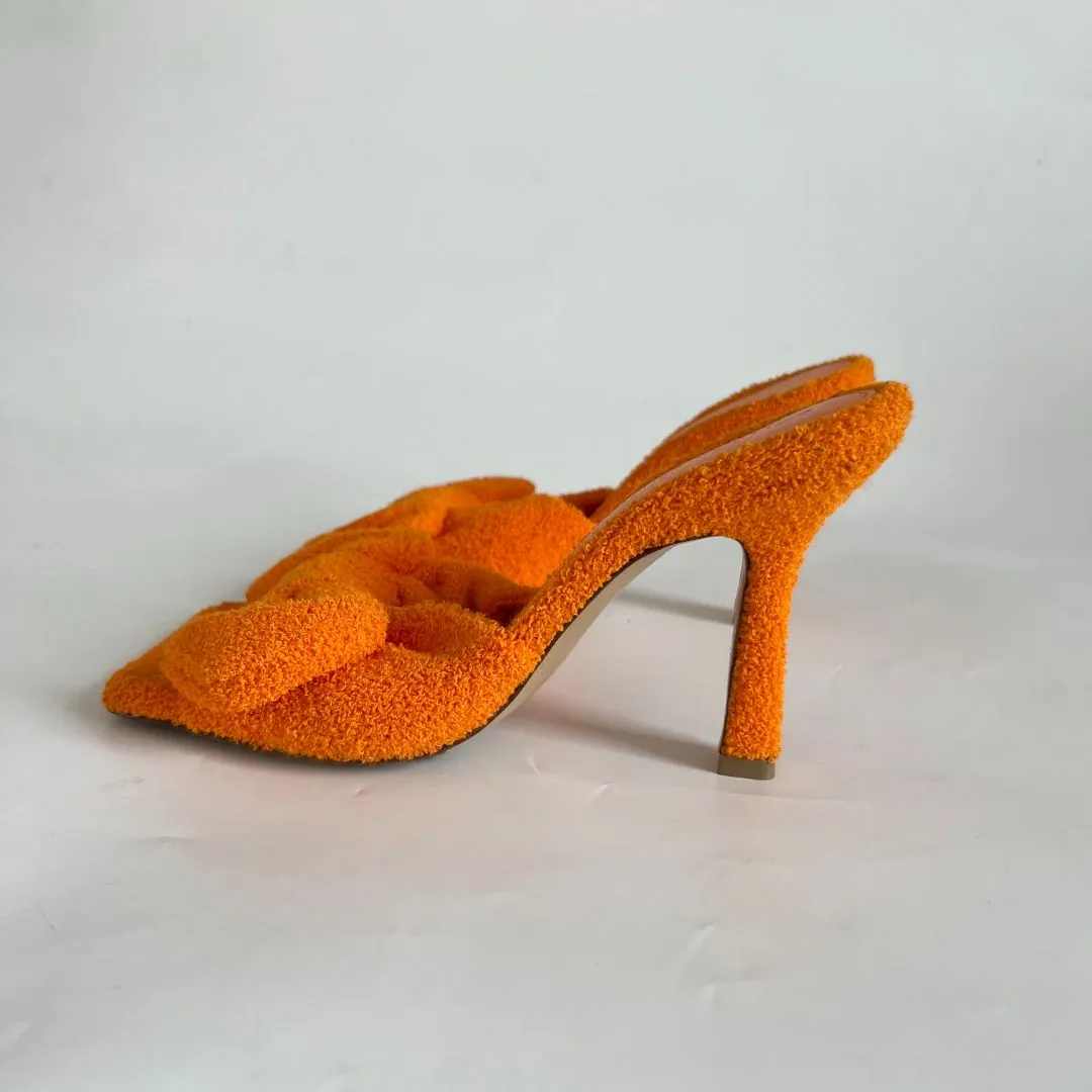 Bottega Veneta orange Terry cloth bow square toe stretch mules, 35.5