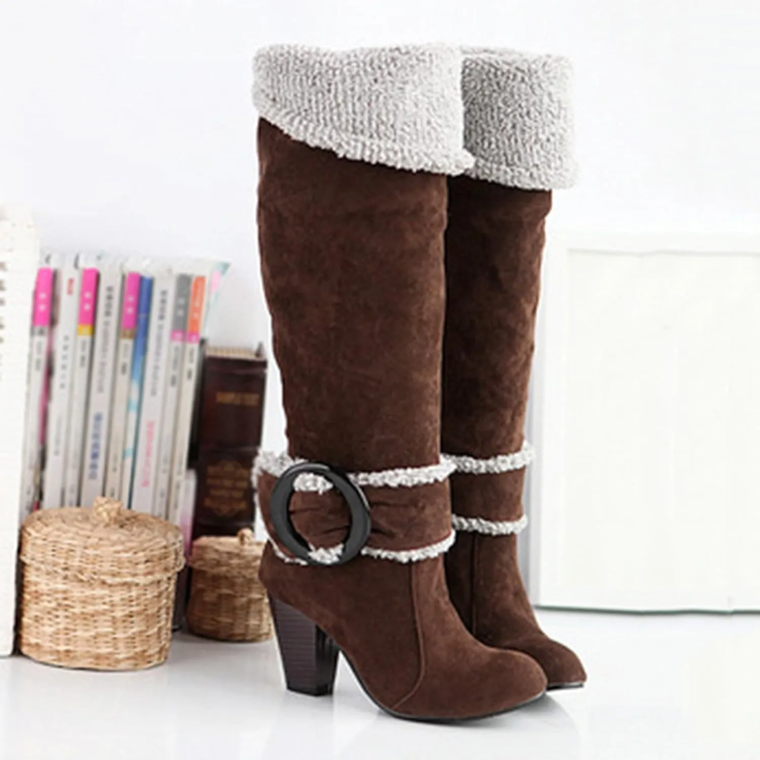Crzidha Thigh High Boots for Women,Winter Warm Pulsh Winter Lined High Heel Over The Knee High Boots Vintage Suede Buckle Strap Foldable Shoe Collar Boots for Ladies Dressy Casual Wedding Party