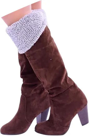 Crzidha Thigh High Boots for Women,Winter Warm Pulsh Winter Lined High Heel Over The Knee High Boots Vintage Suede Buckle Strap Foldable Shoe Collar Boots for Ladies Dressy Casual Wedding Party