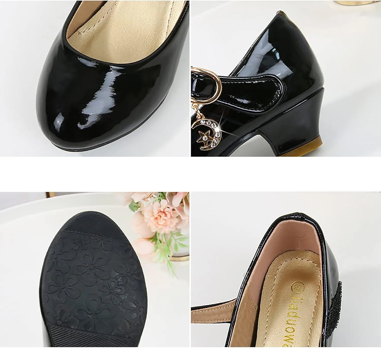 Girls Dress Shoes Low Heel Flats Mary Jane Flower Wedding Party Glitter Dance Shoes for Kids Toddler