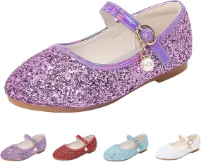 Girl's Dress Shoes Mary Jane Glitter Heel Wedding Bow Princess White Shoes for Toddler/Little/Big Kids