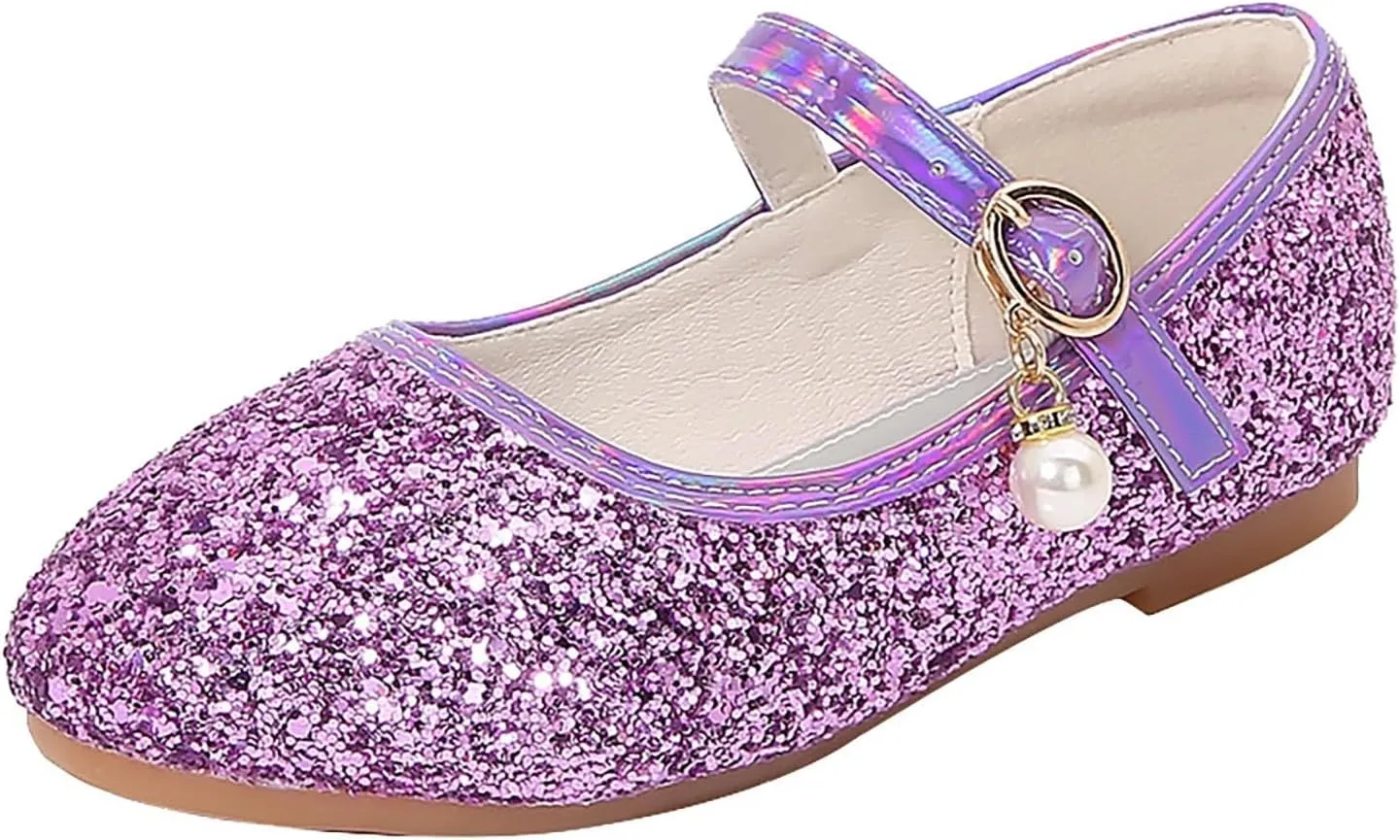 Girl's Dress Shoes Mary Jane Glitter Heel Wedding Bow Princess White Shoes for Toddler/Little/Big Kids