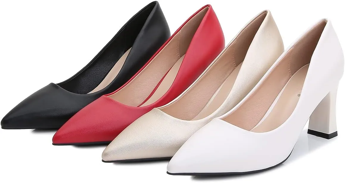 Hee grand Women Heels Slip On Chunky High Heels Black Work Heels Comfort Dress Pumps