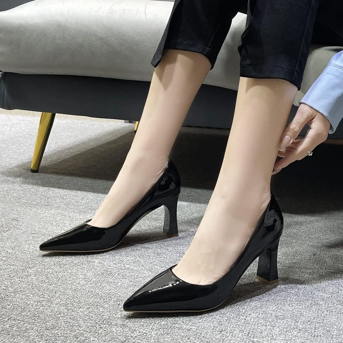Hee grand Women Heels Slip On Chunky High Heels Black Work Heels Comfort Dress Pumps