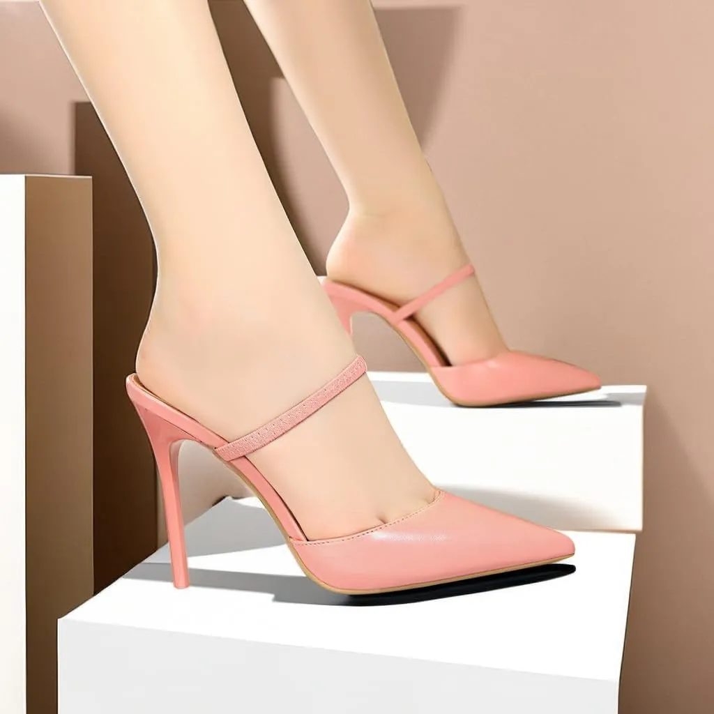 JOEupin Women High Heeled Mules Strappy Pointed Toe Mules Stiletto High Heels Slip On Sandals