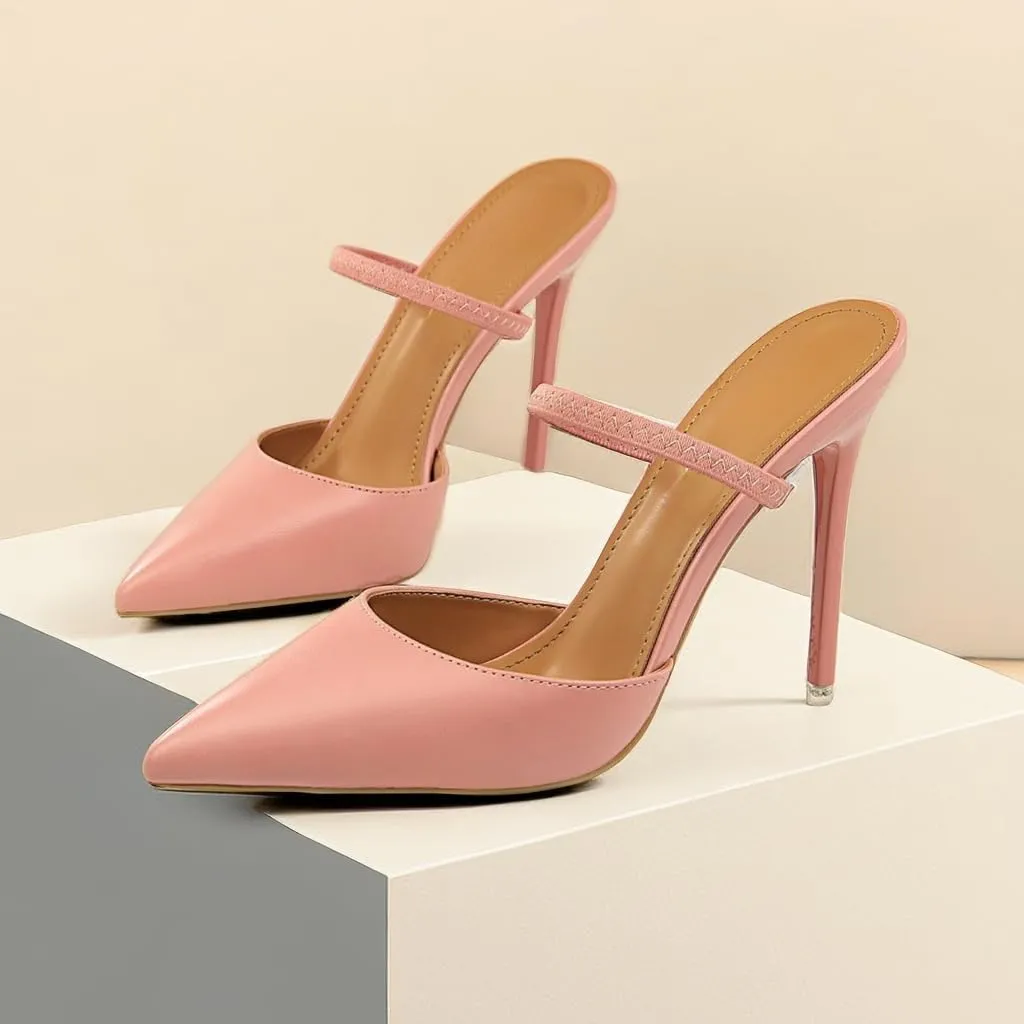 JOEupin Women High Heeled Mules Strappy Pointed Toe Mules Stiletto High Heels Slip On Sandals