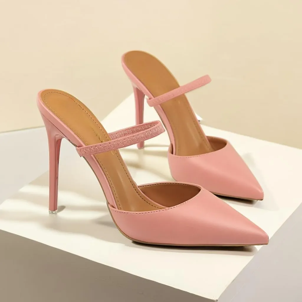 JOEupin Women High Heeled Mules Strappy Pointed Toe Mules Stiletto High Heels Slip On Sandals