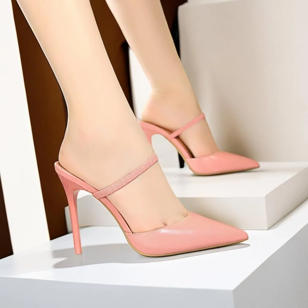 JOEupin Women High Heeled Mules Strappy Pointed Toe Mules Stiletto High Heels Slip On Sandals