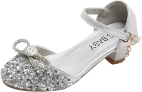 Kids Girls Glitter Dress Shoes Bowknot Low Heel Princess Flat Flower Mary Jane Wedding Party Dance Shoes