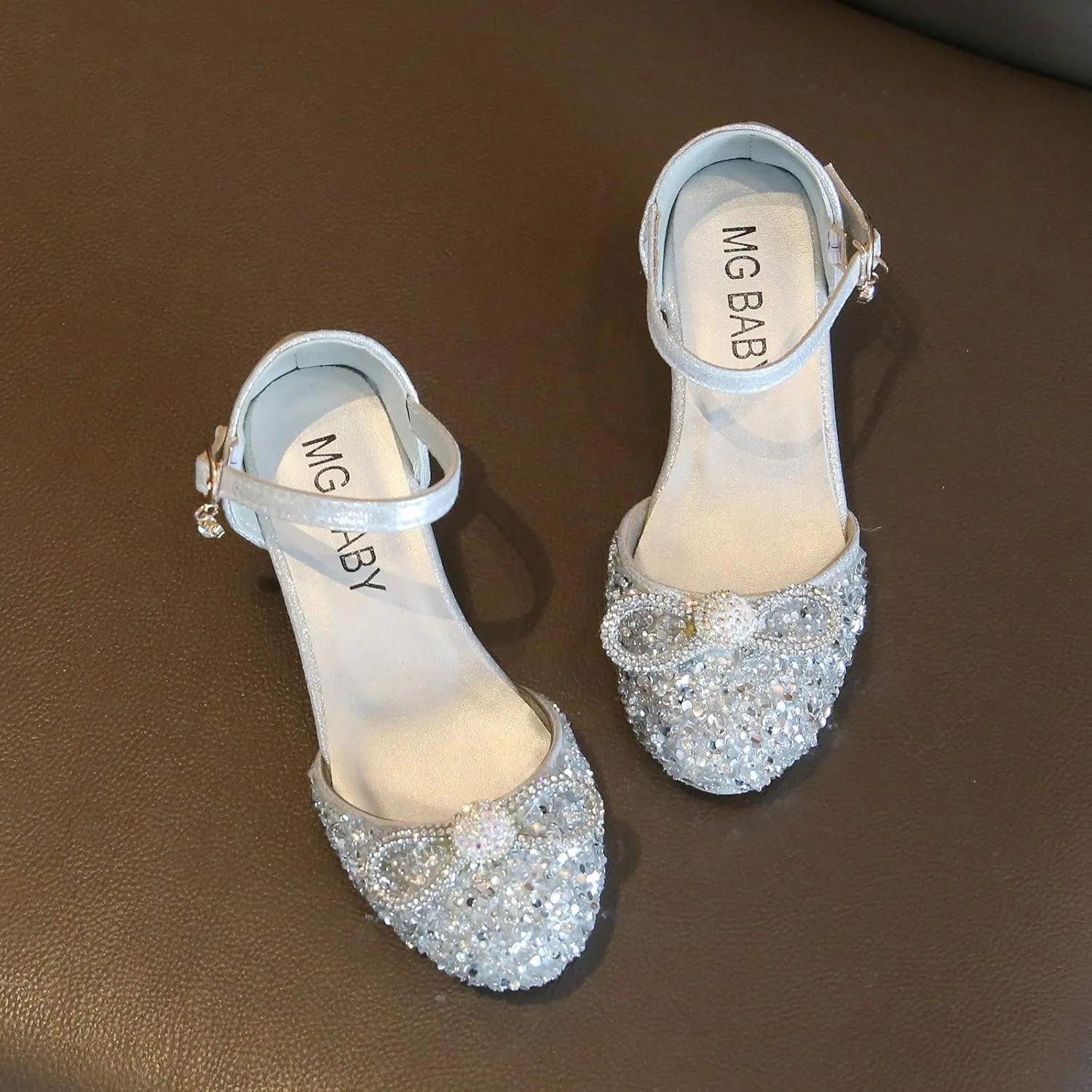 Kids Girls Glitter Dress Shoes Bowknot Low Heel Princess Flat Flower Mary Jane Wedding Party Dance Shoes