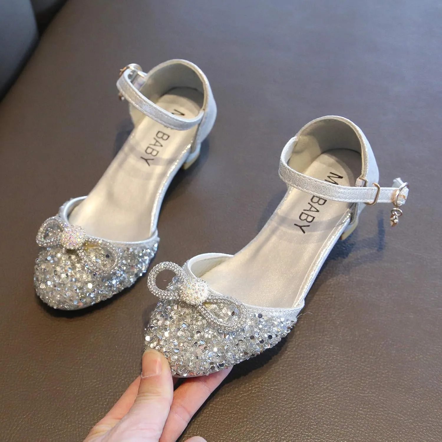 Kids Girls Glitter Dress Shoes Bowknot Low Heel Princess Flat Flower Mary Jane Wedding Party Dance Shoes