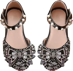 Kids Girls Mary Jane Ballerina Shoes 𝗥hinestones Bowknot Flower Girls Wedding Par𝘁y Pearl Strap Dress Shoes