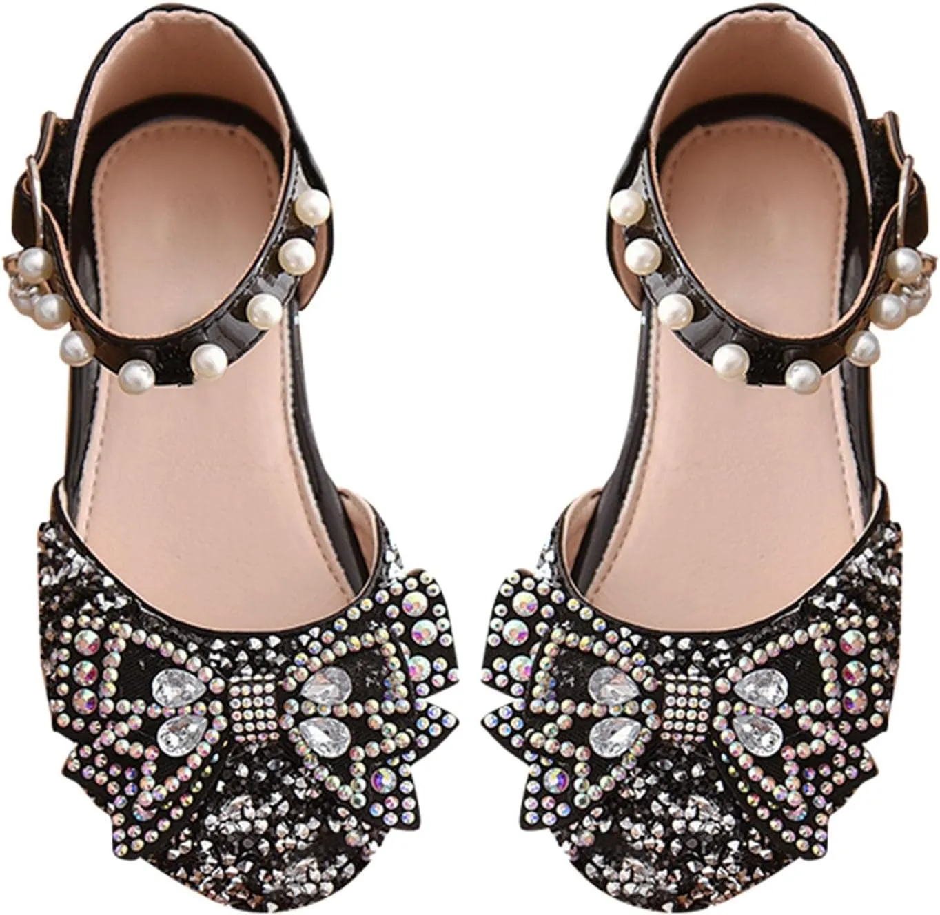 Kids Girls Mary Jane Ballerina Shoes 𝗥hinestones Bowknot Flower Girls Wedding Par𝘁y Pearl Strap Dress Shoes