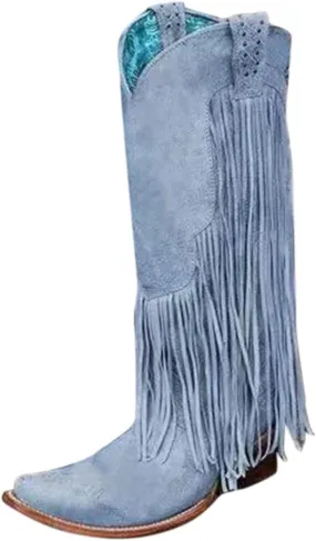 Knee High Boots for Women Chunky Mid Heels Tall Boot Casual Pointed Toe Booties Vintage Tassel Boots Dressy Shoes