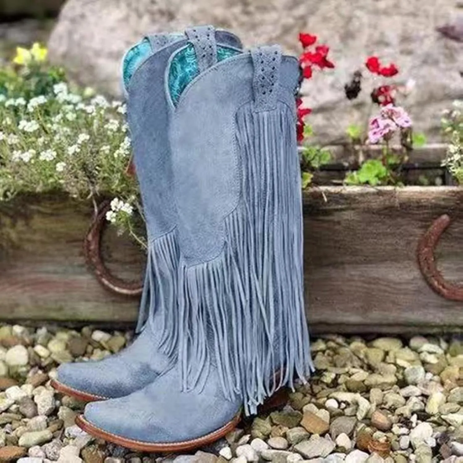 Knee High Boots for Women Chunky Mid Heels Tall Boot Casual Pointed Toe Booties Vintage Tassel Boots Dressy Shoes