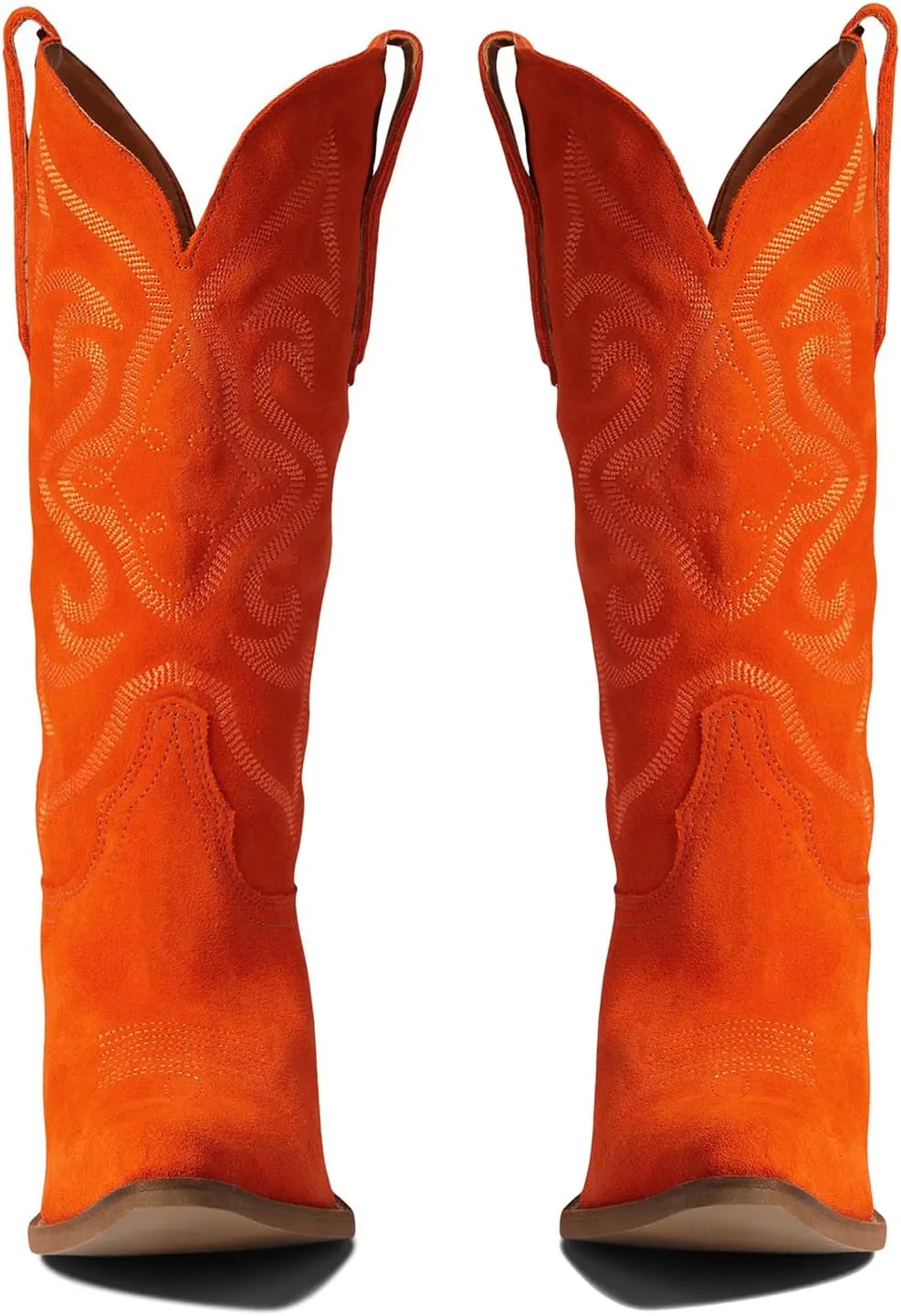 LEHOOR Cowboy Boots Women Embroidered Mid Calf Western Boots Stacked Low Heel Pointed Toe Pull On Cowgirl Boot 4-11 M US