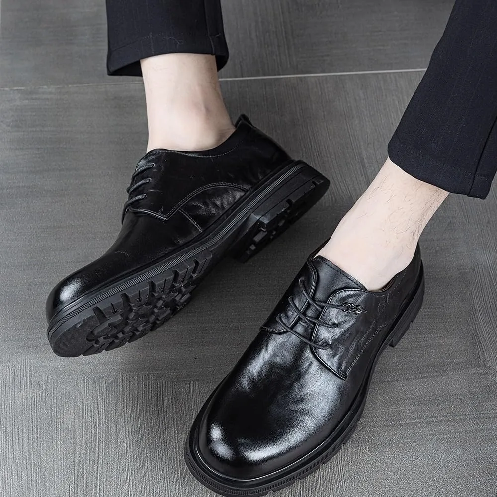Men's Platform Dress Shoes Men's Genuine Leather Hand Stitched Dress Oxfords Fashion Plain Toe Lace up Low Top for Work Office Formal Wedding