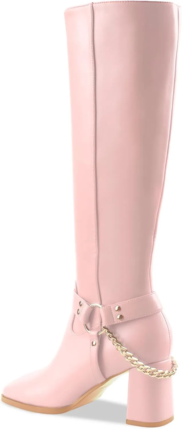 Oh Mispares Knee High Boots Slim Calf Square Toe Chunky Heel Narrow Calves Boots for Women Skinny Legs - Faux Leather Fall Winter Dress Riding Moto Tall 3 Inches Heels Boots for Girls