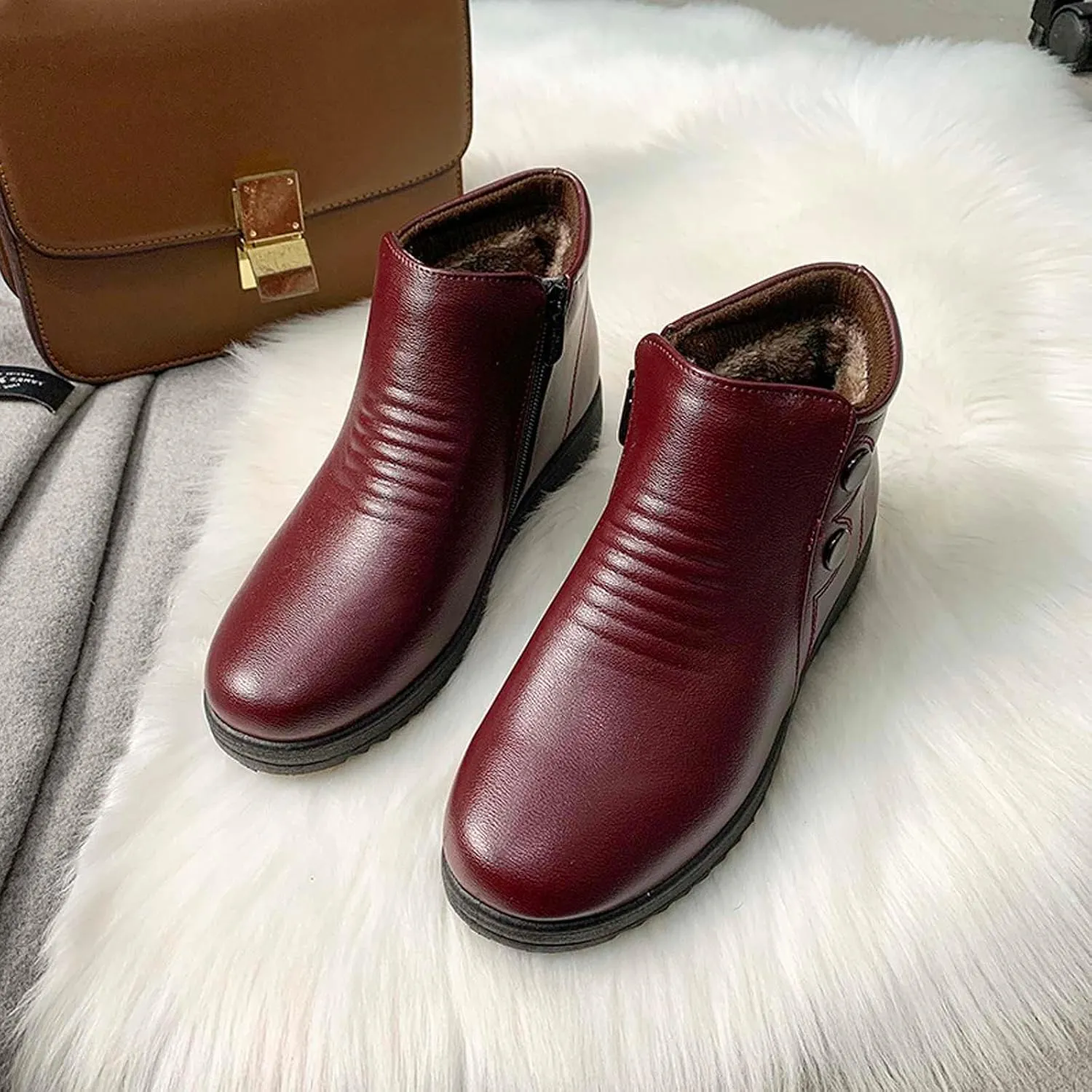 oiangi Womens Winter Boots Snow Booties 2022 Fashion Round Toe Plus Velvet Warm Side Zipper Flat Boots Solid Casual Comfortable Outdoor Non-slip Shoes