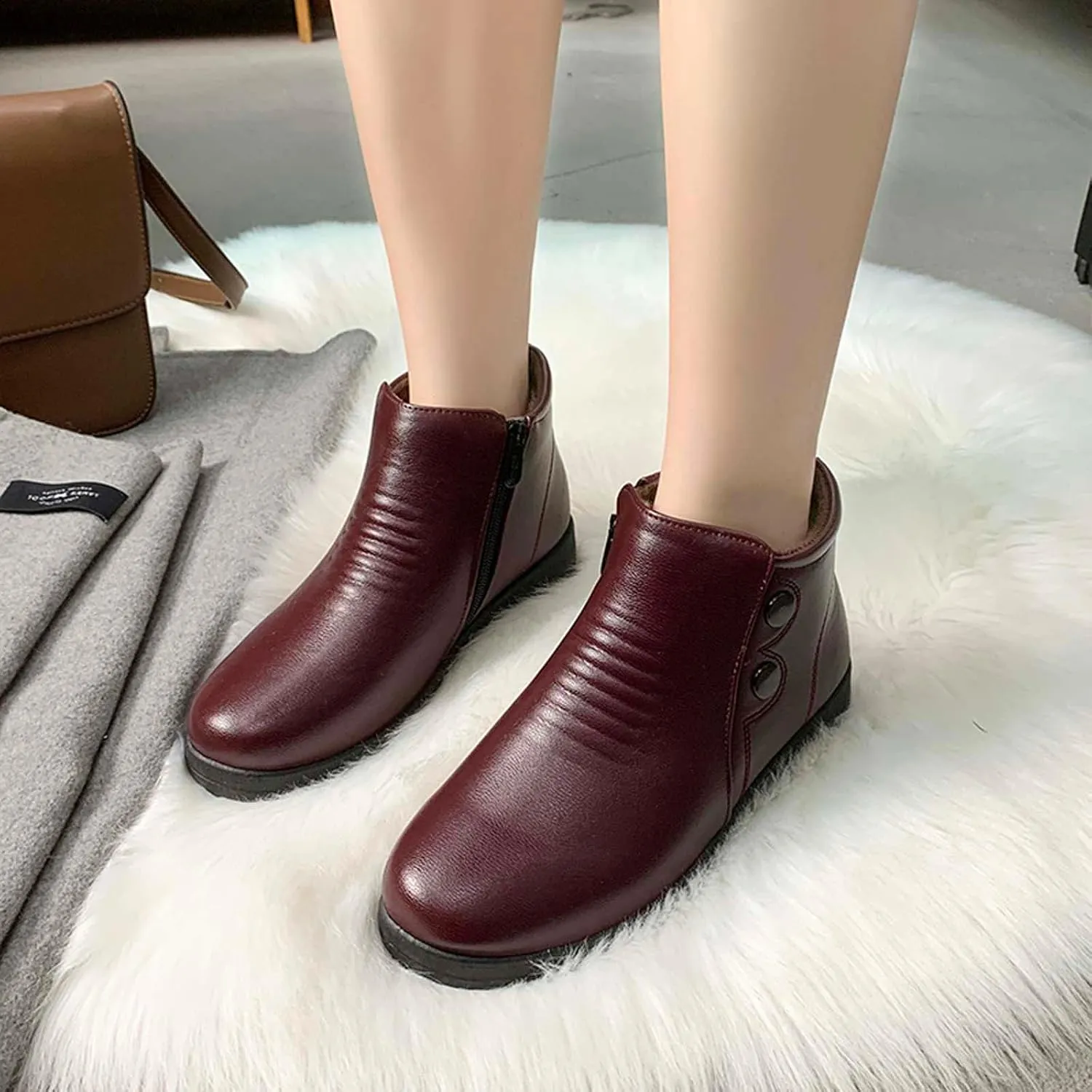 oiangi Womens Winter Boots Snow Booties 2022 Fashion Round Toe Plus Velvet Warm Side Zipper Flat Boots Solid Casual Comfortable Outdoor Non-slip Shoes