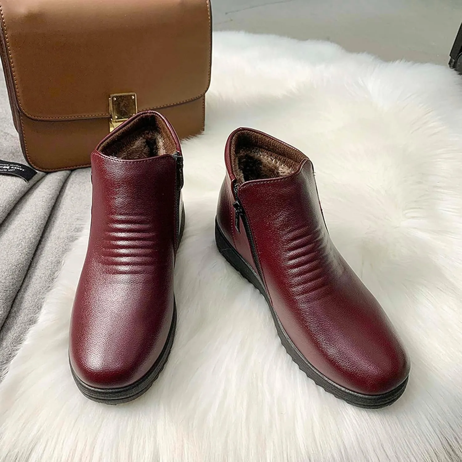 oiangi Womens Winter Boots Snow Booties 2022 Fashion Round Toe Plus Velvet Warm Side Zipper Flat Boots Solid Casual Comfortable Outdoor Non-slip Shoes