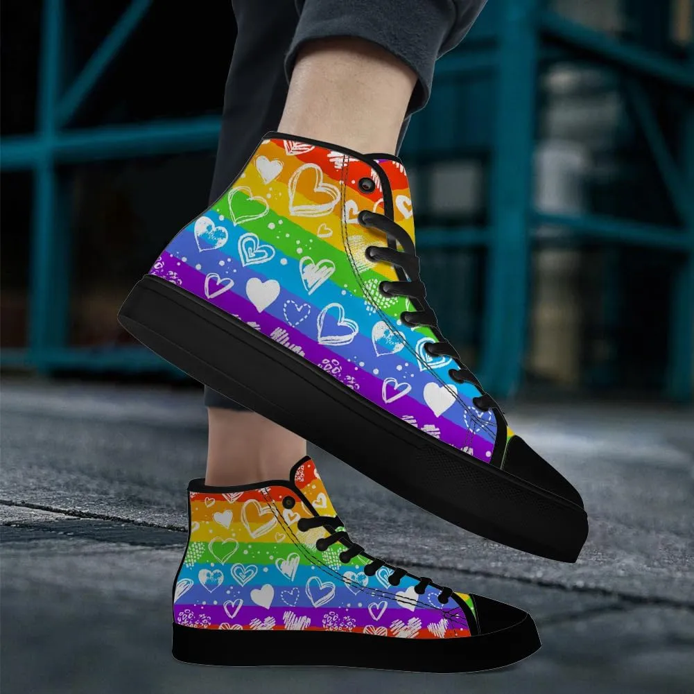 Rainbow High Top Canvas Shoes for Men Women LGBT Flag High Top Sneakers Lace Up Casual Shoes Gifts for Boyfriend Girlfriend