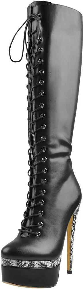 Richealnana Women's Platform Lace Up Stiletto High Heels Knee High Boots