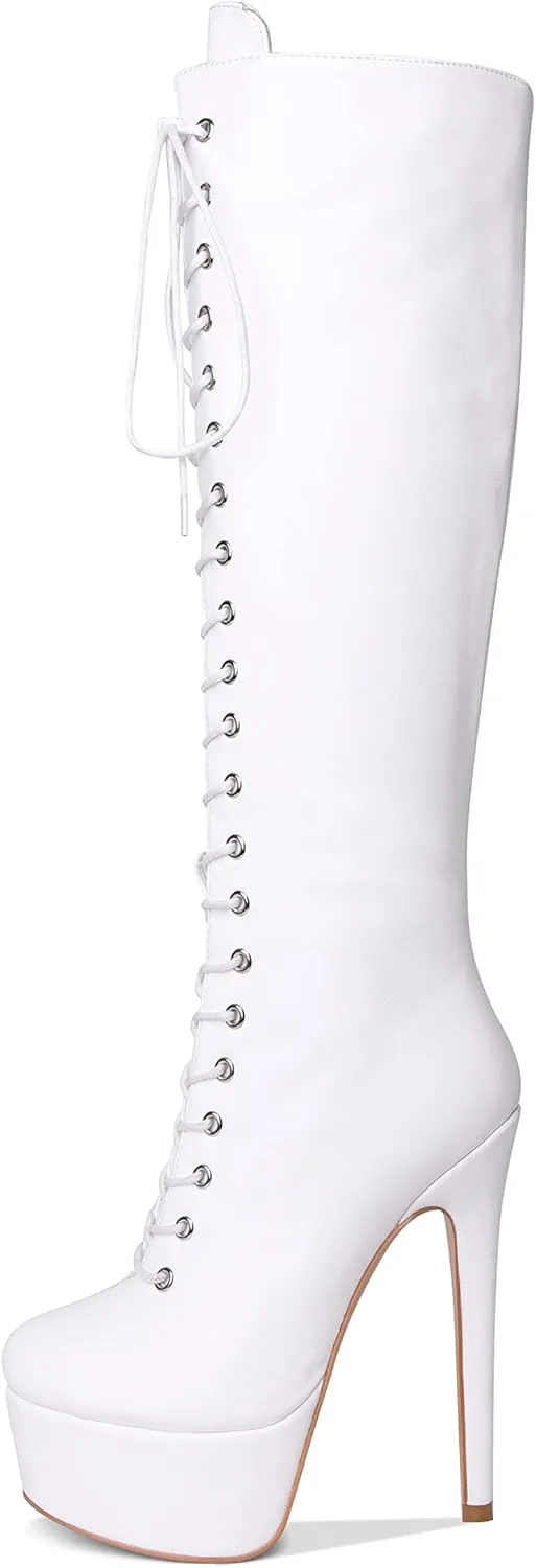 Richealnana Women's Platform Lace Up Stiletto High Heels Knee High Boots