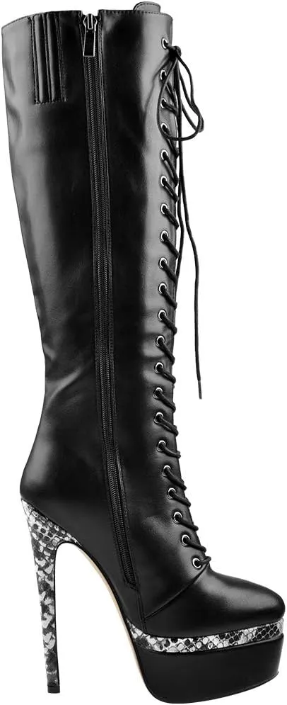 Richealnana Women's Platform Lace Up Stiletto High Heels Knee High Boots