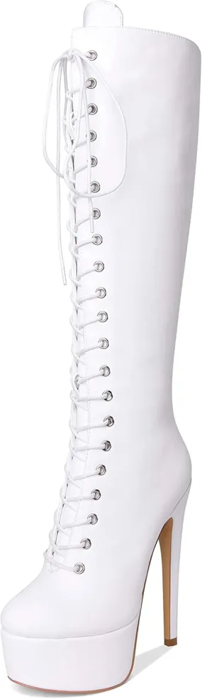 Richealnana Women's Platform Lace Up Stiletto High Heels Knee High Boots