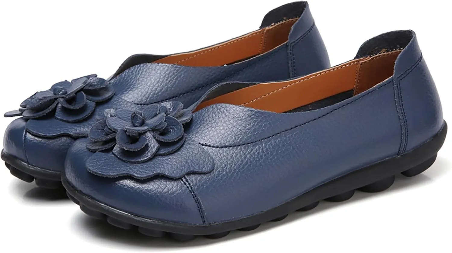 Slip on Loafers for Women Leather Flowers Loafers Comfortable Walking Work Flats Shoes Lightweight Soft Sole Flat Shoes Round Toe Summer Shoe