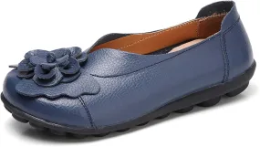 Slip on Loafers for Women Leather Flowers Loafers Comfortable Walking Work Flats Shoes Lightweight Soft Sole Flat Shoes Round Toe Summer Shoe