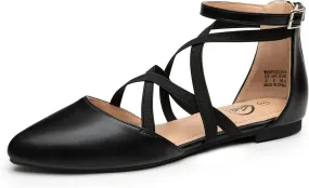 Trary Black Flats for Women, Mary Jane Shoes, Ballet Flats with Ankle Strap, Dressy Comfortable Pointed Toe Shoes