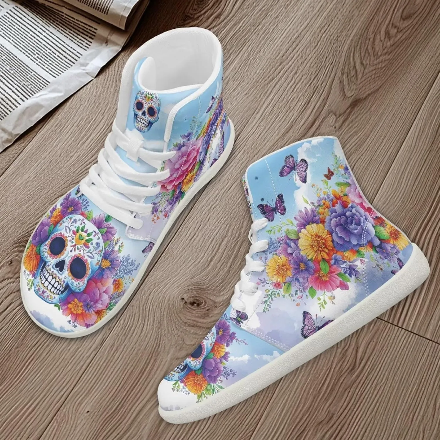 Unisex Mens Skull High Top Shoes Fashion Lace Up Running Ankle Support Sneakers for Hiking Walking