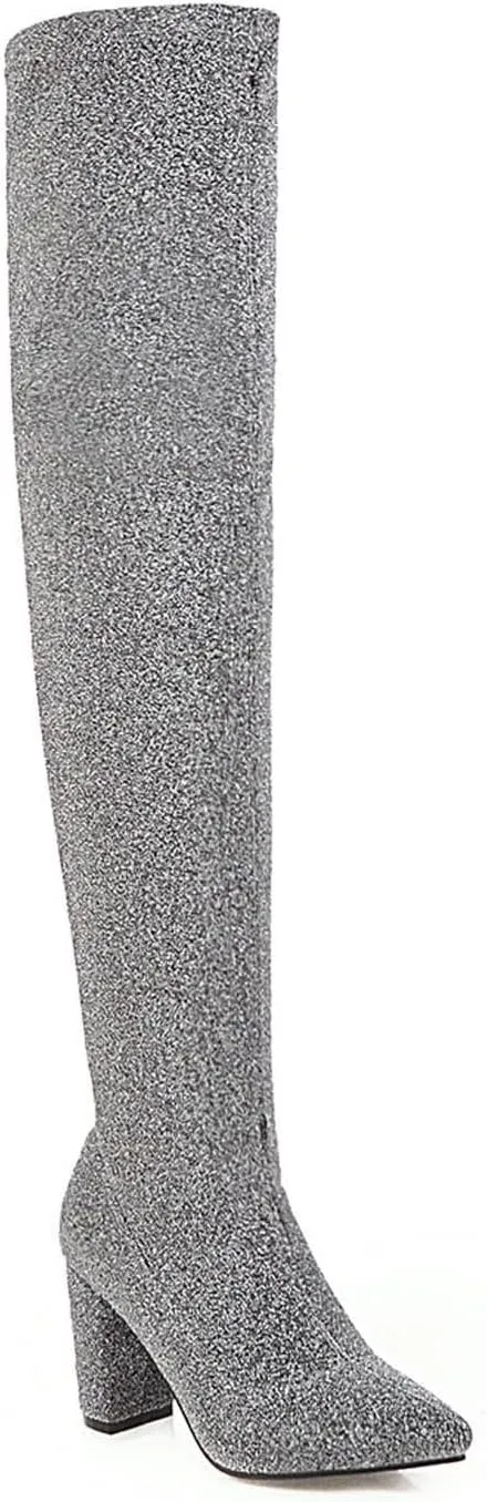 wodceeke Women's Thigh High Suede Boots Over the Knee Stretch Boots Pointed Toe Chunky Heel Winter Knit Sexy Long Boots