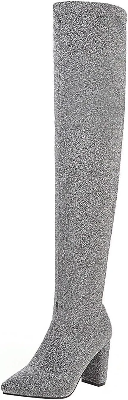 wodceeke Women's Thigh High Suede Boots Over the Knee Stretch Boots Pointed Toe Chunky Heel Winter Knit Sexy Long Boots