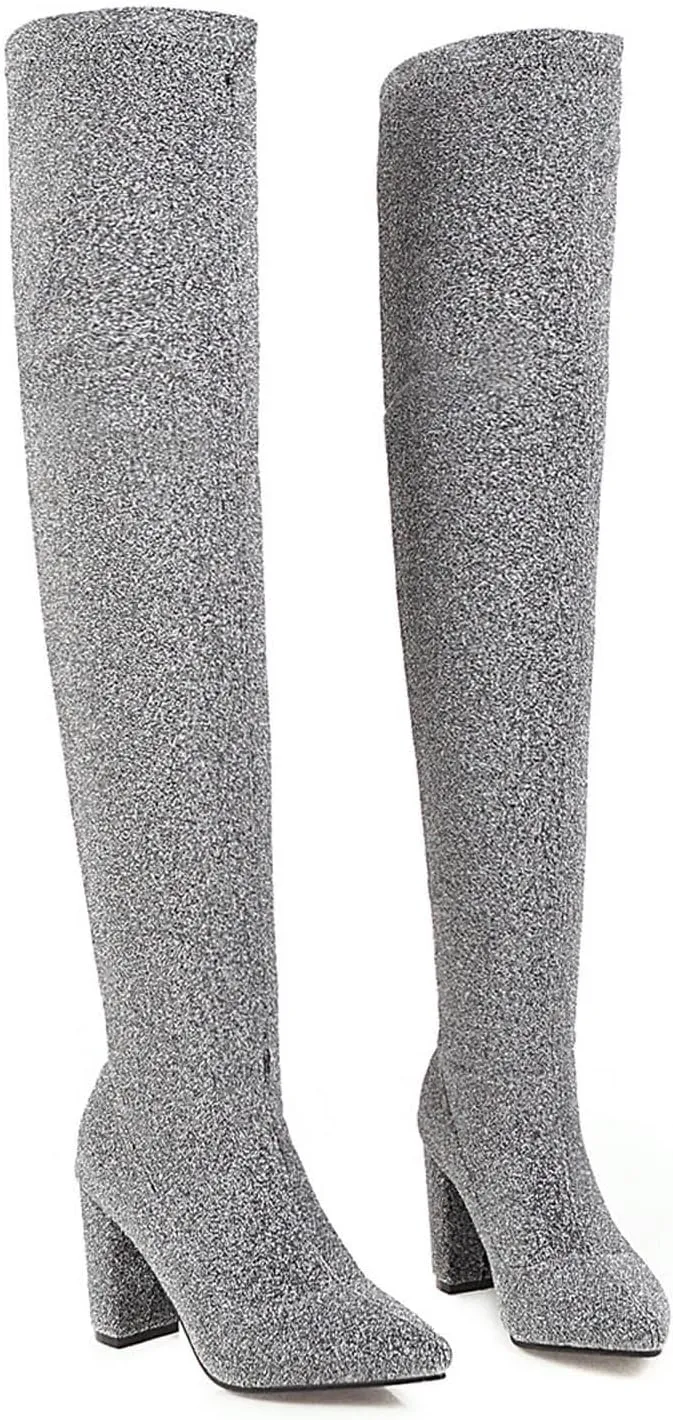 wodceeke Women's Thigh High Suede Boots Over the Knee Stretch Boots Pointed Toe Chunky Heel Winter Knit Sexy Long Boots