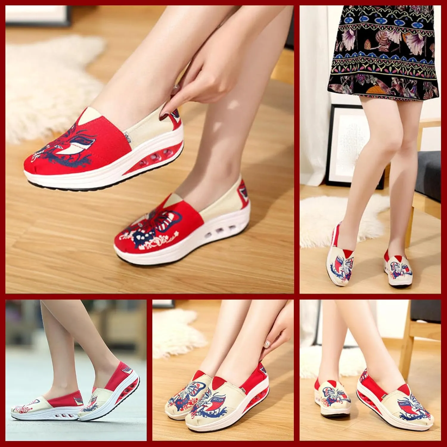 Women's Platform Canvas Slip-On Walking Shoes Chinese Opera Mask Design, Breathable Wedge Sneakers with Air Cushion Sole