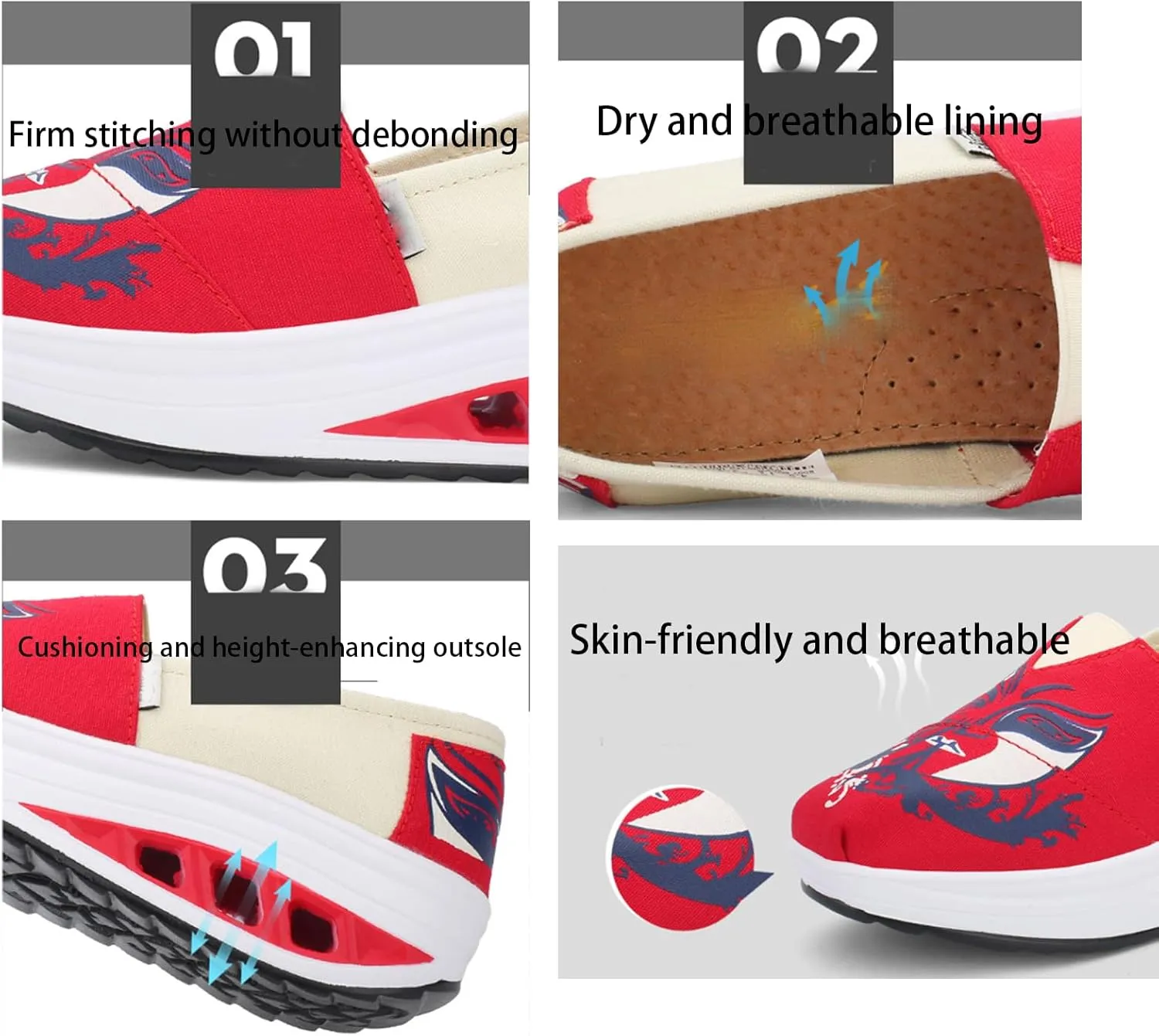 Women's Platform Canvas Slip-On Walking Shoes Chinese Opera Mask Design, Breathable Wedge Sneakers with Air Cushion Sole