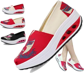 Women's Platform Canvas Slip-On Walking Shoes Chinese Opera Mask Design, Breathable Wedge Sneakers with Air Cushion Sole