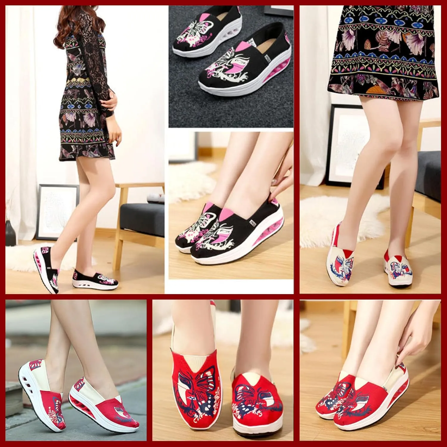 Women's Platform Canvas Slip-On Walking Shoes Chinese Opera Mask Design, Breathable Wedge Sneakers with Air Cushion Sole