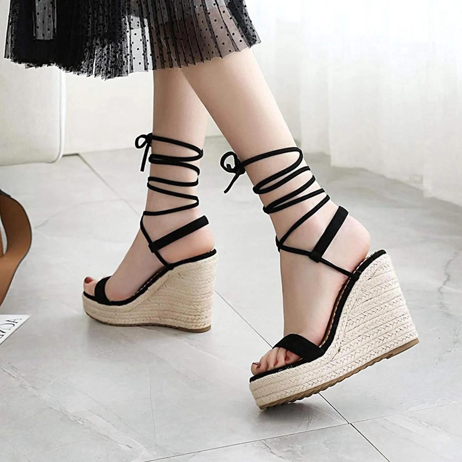 ZBYY Womens Lace Up Espadrille Platform Wedge Sandals Ankle Strap Mid Heel Slingback Summer Wedding Party Dress Shoes