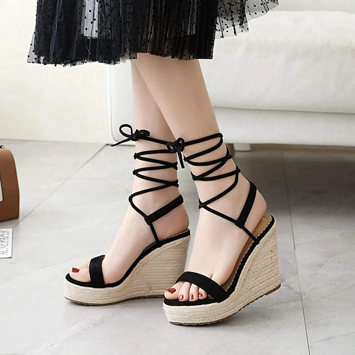 ZBYY Womens Lace Up Espadrille Platform Wedge Sandals Ankle Strap Mid Heel Slingback Summer Wedding Party Dress Shoes